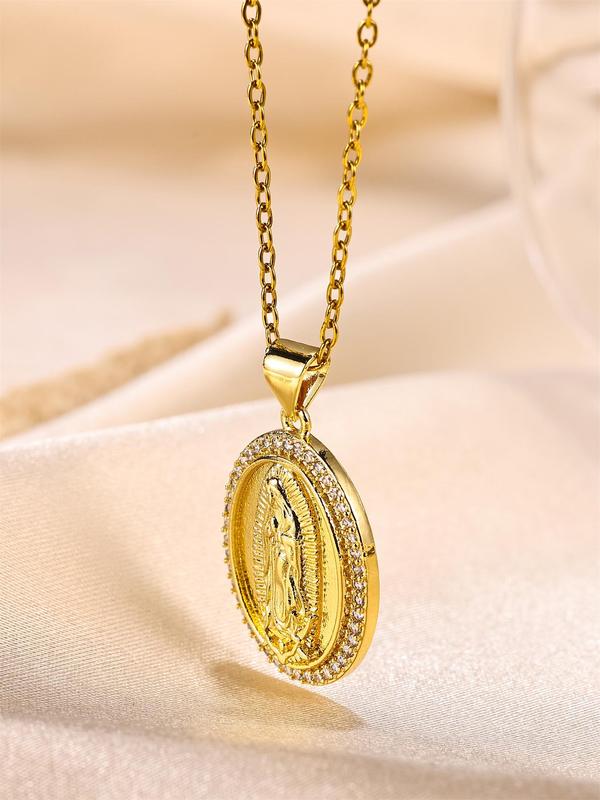 Retro Elegant Stainless Steel Pendant Necklace, Rhinestone Decorated Round Charm Virgin Mary Hanging Necklace, Fashion Rhinestone Decor Jewelry Accessories for Women As Gift