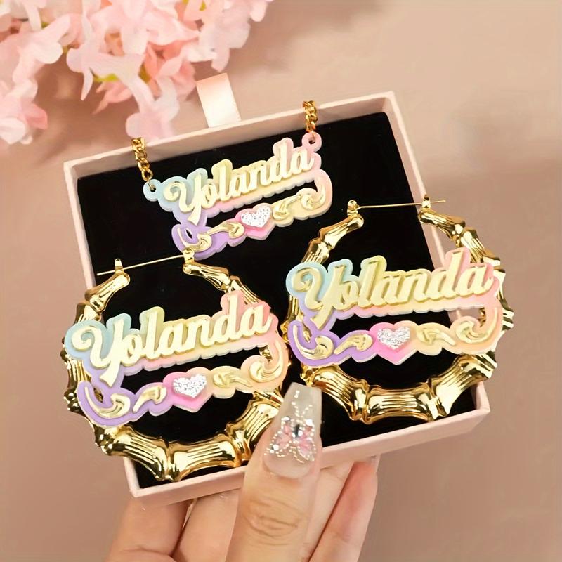 Custom Name Acrylic Ring Earrings Necklace Suit-Elegant and Cute Style, Bamboo Design Personalized Letter Pendant, Y2g Gradient Color, DIY round Jewelry, Suitable for Gifts, Parties-No Plating, Suitable for All Seasons