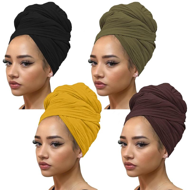 4 Pieces Solid Color Stretch Knit Head Wrap Extra Long African Head Scarf Breathable Turbans for Black Women