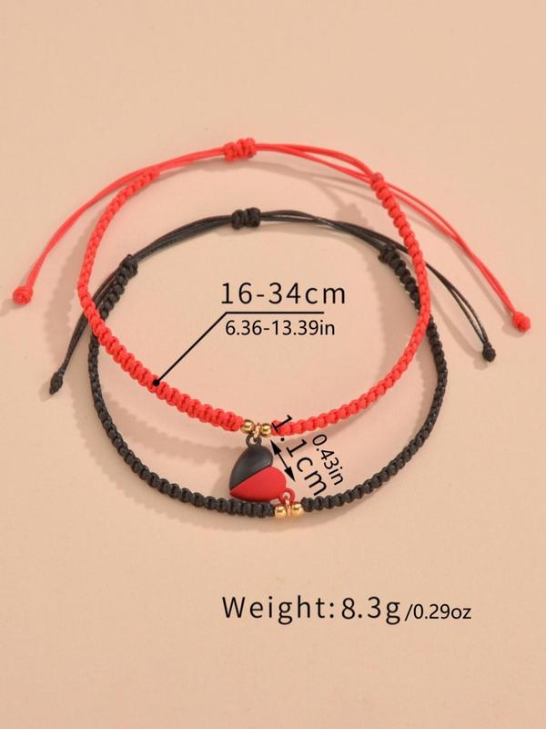 2pcs set Unisex Simple Style Plain Color Magnetic Heart Design Bracelets, Vintage Trendy Adjustable Drawstring Bracelets, Fashionable Accessories for Couples