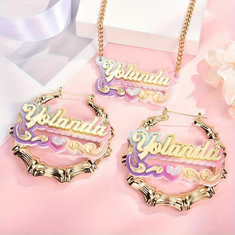 Custom Name Acrylic Ring Earrings Necklace Suit-Elegant and Cute Style, Bamboo Design Personalized Letter Pendant, Y2g Gradient Color, DIY round Jewelry, Suitable for Gifts, Parties-No Plating, Suitable for All Seasons