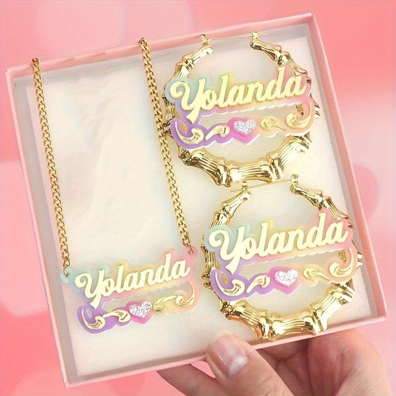 Custom Name Acrylic Ring Earrings Necklace Suit-Elegant and Cute Style, Bamboo Design Personalized Letter Pendant, Y2g Gradient Color, DIY round Jewelry, Suitable for Gifts, Parties-No Plating, Suitable for All Seasons