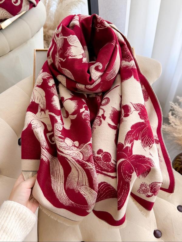 Floral Print Tassel Decor Shawl, Casual Soft Warm Double Sided Scarf for Fall & Winter, Fashion Accessories for Women & Men