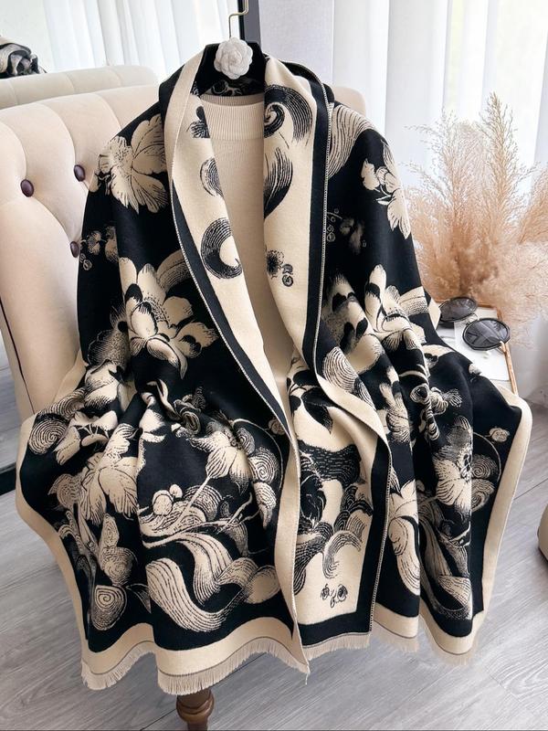 Floral Print Tassel Decor Shawl, Casual Soft Warm Double Sided Scarf for Fall & Winter, Fashion Accessories for Women & Men