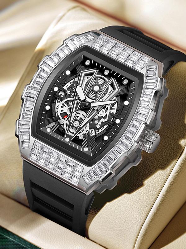 Men's Street Trend Hollow Out Design Mechanical Watch with Calendar, Fashion Rhinestone Decorated Analog Quartz Watch, Trendy All-match Watch for Daily Use