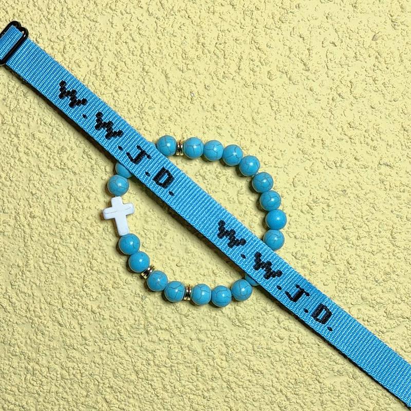 Handmade Bundle of 2 WWJD Wristband Bracelet with beaded cross bracelet set for Teen Girls Women Men Spring Travel Summer Adjustable (What Would Jesus Do) band bracelet set