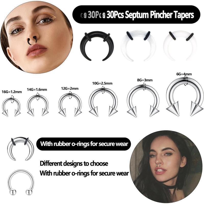 FLORIDECO 30Pcs Septum Pincher Tapers 16G 14G 12G 10G 8G 6G Horseshoe Septum Rings Stainless Steel C Shape Septum Piercing Jewelry Nose Ear Cartilage Septum Stretching Kit for Women Men Daily