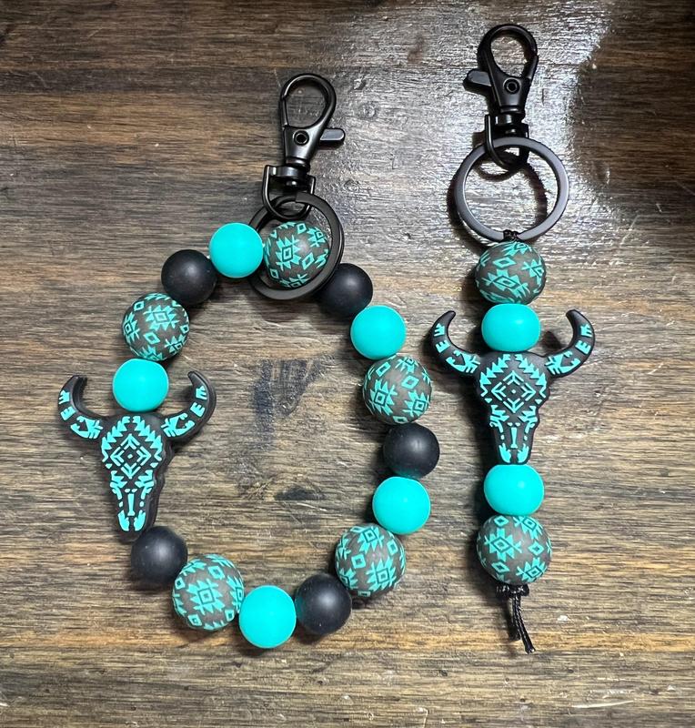 Turquoise Aztec Cow Skull Keychain Set