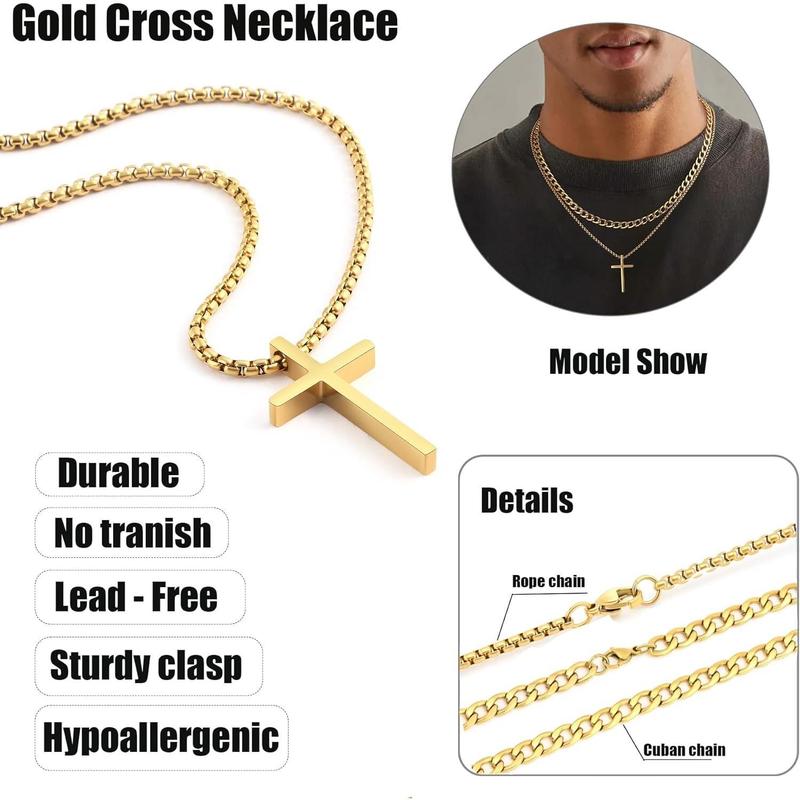 Layered Cross Necklace for Men Stainless Steel Cuban Link Cross Chain Necklace for Men Religious Jewelry Gifts