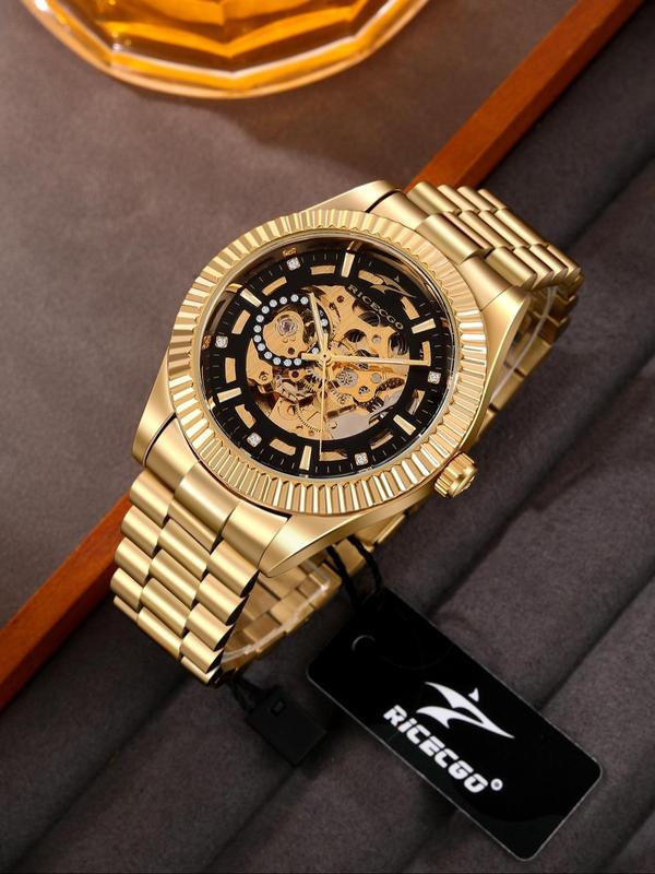 Men's Business Fashion Rhinestone Decorated Mechanical Watch, Fashion Watch for Party, Daily Decor, Trendy All-match & Exquisite Watch for Birthday Gift with Box