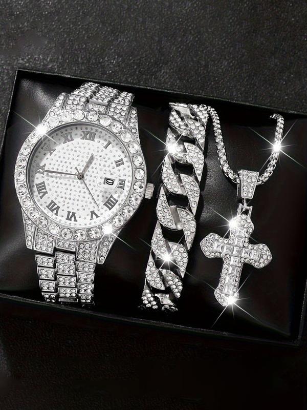 Women's Elegant Rhinestone Decorated Quartz Watch & Jewelry Set, Including Round Dial Wristwatch & Pendant Necklace & Bracelet, Fashion Watch Set for Women As Gift