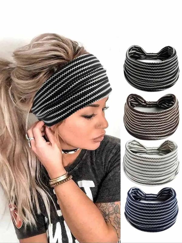 4pcs Women's Chevron Print Sport Wide Hair Band, Casual Boho Sweat-absorbent Elastic Hair Band, Hair Accessories for Yoga Sport Gym