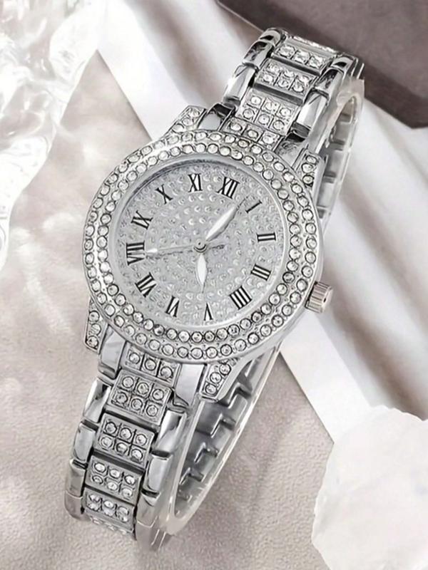 6pcs Luxury Kit - Women's Quartz Watch with Numeric Dial and Full Rhinestone Bracelet