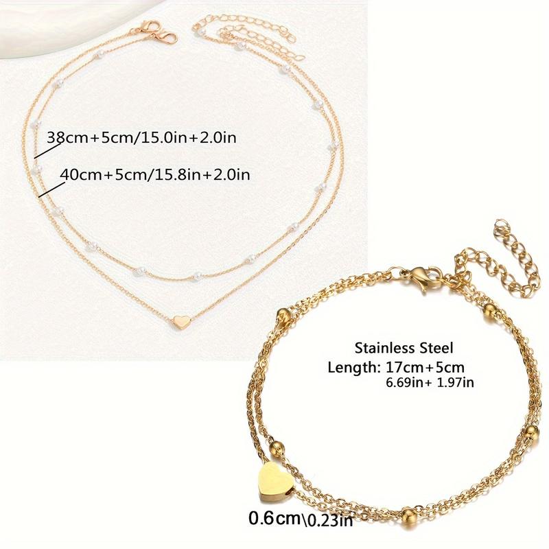 3 pcs Set 1 Double Layer Bracelet + 2 Necklace Suit Simple Love Imitation Bead Multi-Layer Chainlet and Necklace Set Suit Women Holiday Party Dating Soft Daily Match