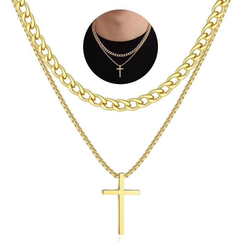 Layered Cross Necklace for Men Stainless Steel Cuban Link Cross Chain Necklace for Men Religious Jewelry Gifts