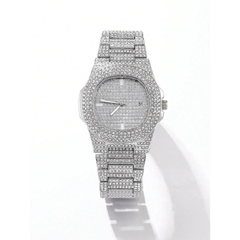 Men Rhinestone Decor Round Pointer Date Quartz Watch