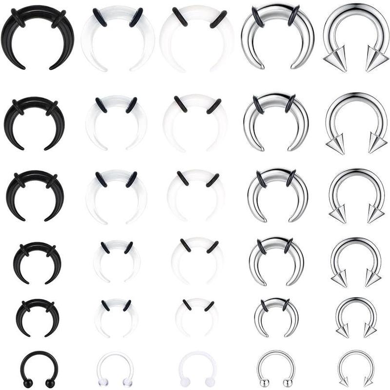 FLORIDECO 30Pcs Septum Pincher Tapers 16G 14G 12G 10G 8G 6G Horseshoe Septum Rings Stainless Steel C Shape Septum Piercing Jewelry Nose Ear Cartilage Septum Stretching Kit for Women Men Daily