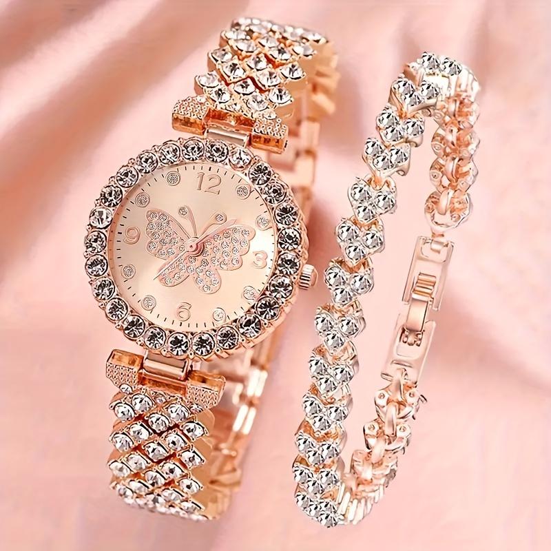 Luxury 2-Piece Set: Elegant Butterfly Crystal Stone Quartz Watch & Shining Bracelet-Perfect Gift for Birthday, Christmas, Valentine's Day