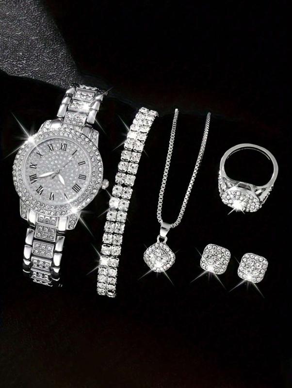 6pcs Luxury Kit - Women's Quartz Watch with Numeric Dial and Full Rhinestone Bracelet