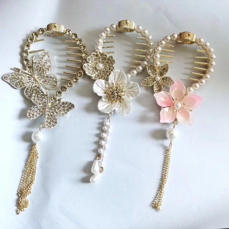 Cute Flower & Butterfly Design Hair Bun Clip, Glitter Hair Claw Clip, Heatless Styling Tools for Women & Girls