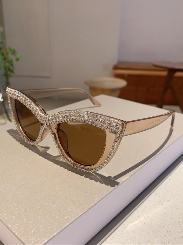 Rhinestone Decor Cat Eye Frame Sunglasses, Fashionable Novelty Sunglasses for Women, Trendy Accessories for Outdoor Activities