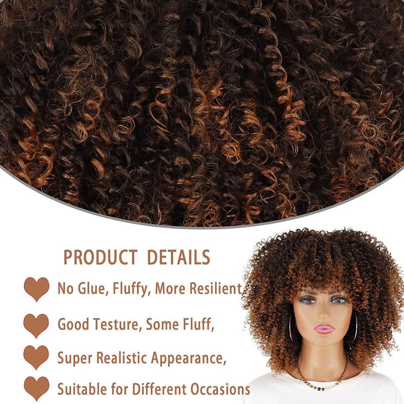 Xinran Short Curly Afro Wigs with Bangs for Black Women, Brown Afro Kinky Curly Wigs for Black Women Synthetic Heat Resistant Fluffy Brown Wigs (Ombre Brown) black friday 2024 gifts for girlfriend