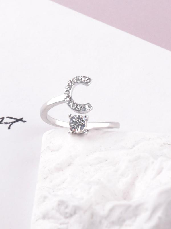 Fashion Rhinestone Decorated Alphabet Elegant Letter Design Ring for Women & Girls, Trendy All-match & Exquisite Jewelry for Gift