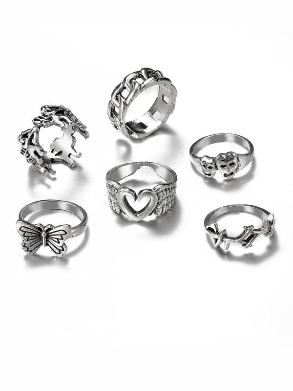 6pcs set Vintage Hollow Out Butterfly Heart Design Ring, Punk Fashion Accessories For Both Men & Women