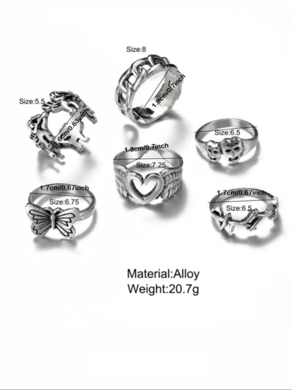 6pcs set Vintage Hollow Out Butterfly Heart Design Ring, Punk Fashion Accessories For Both Men & Women