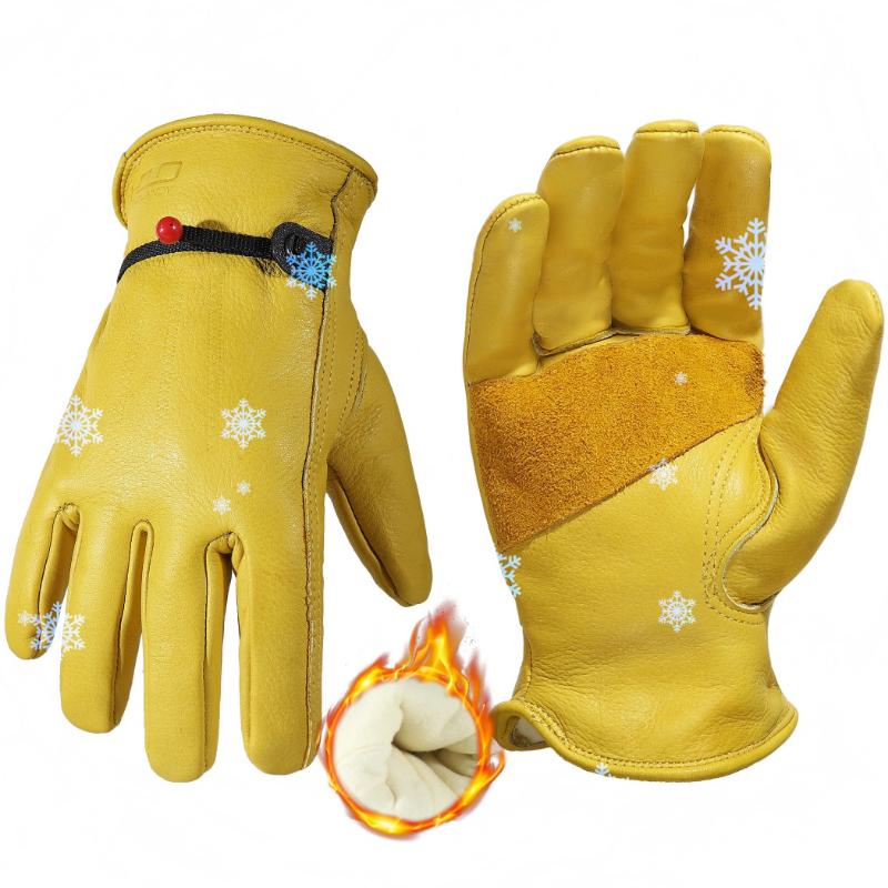 Winter Leather Work Gloves, Insulated Thermal Cowhide Leather Gloves For Working In Cold Weather, Fleece-Lined