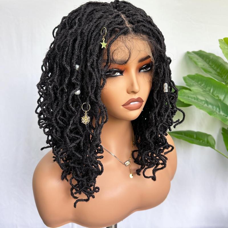 SOKU Afro Curly Faux Locs Full Swiss Lace Braided Wig 14 Inch Handmade Glueless Natural Black Double Full Braided Wig Lace Breathable and Lightweight Curly Braided Wig daily