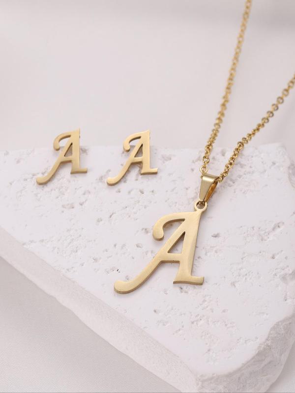 Fashion Alphabet Detail Pendant Initial Necklace & Studs Earrings, 3pcs Fashion Jewelry for Party, Daily Clothing Decor, Cute Accessories for Birthday Gift