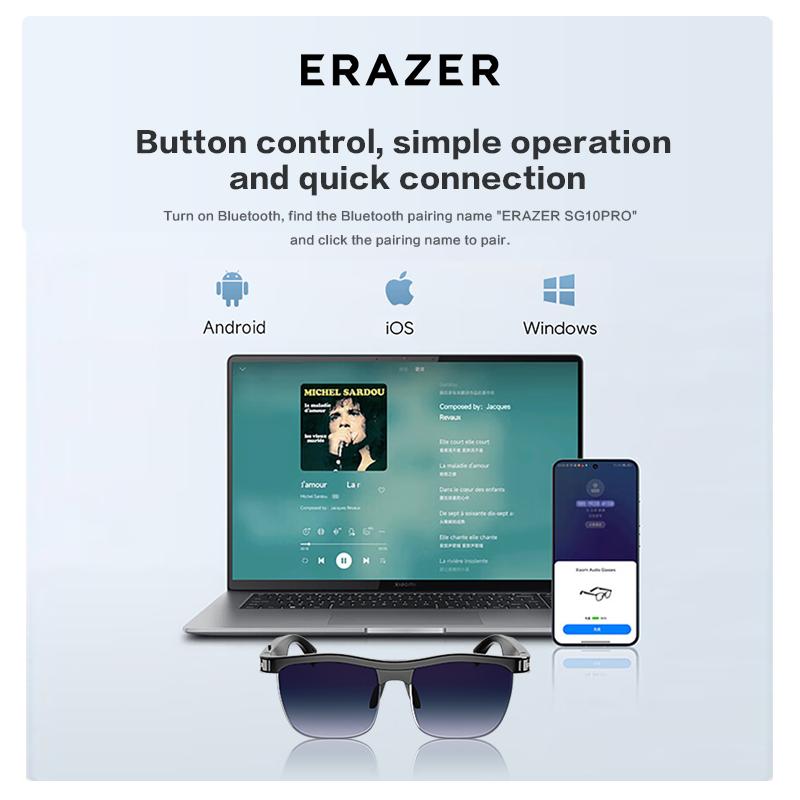 ERAZER Wireless Bluetooth smart glasses, multi-functional blue light blocking glasses for listening to music and making phone calls, stylish autumn and winter sun protection, Bluetooth compatible