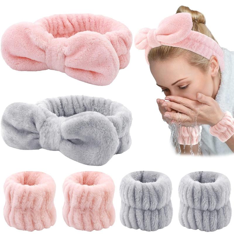 Face Wash Headband Wristband Set for Women, Soft Bow Facial Spa Hair Wraps Makeup Skincare Bath Headbands Towels Wrist Bands for Washing Face