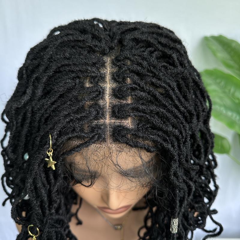 SOKU Afro Curly Faux Locs Full Swiss Lace Braided Wig 14 Inch Handmade Glueless Natural Black Double Full Braided Wig Lace Breathable and Lightweight Curly Braided Wig daily