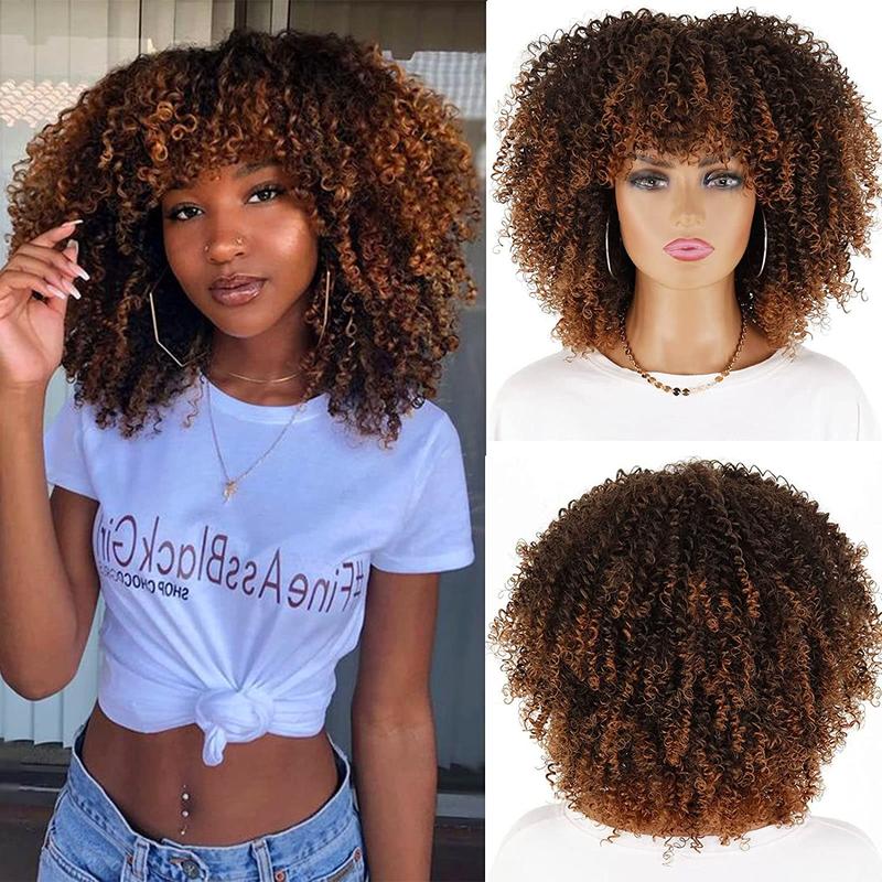 Xinran Short Curly Afro Wigs with Bangs for Black Women, Brown Afro Kinky Curly Wigs for Black Women Synthetic Heat Resistant Fluffy Brown Wigs (Ombre Brown) black friday 2024 gifts for girlfriend