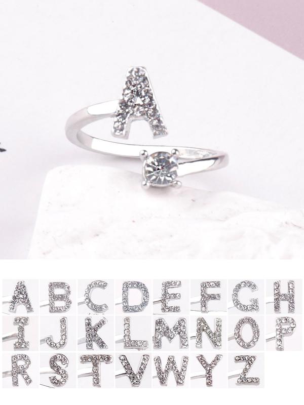 Fashion Rhinestone Decorated Alphabet Elegant Letter Design Ring for Women & Girls, Trendy All-match & Exquisite Jewelry for Gift