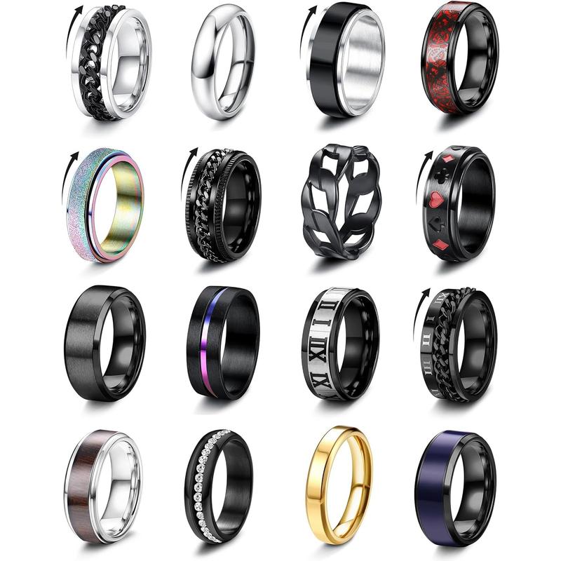 Besteel 16Pcs Stainless Steel Fidget Rings for Men Women&Boys Girls Stress Anxiety Relief Rings Black Cool Chain Band Spinner Rings Set for Wedding Promise Mens Rings Pack