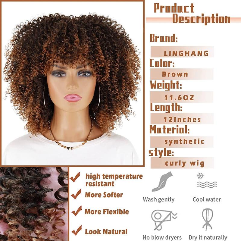 Xinran Short Curly Afro Wigs with Bangs for Black Women, Brown Afro Kinky Curly Wigs for Black Women Synthetic Heat Resistant Fluffy Brown Wigs (Ombre Brown) black friday 2024 gifts for girlfriend