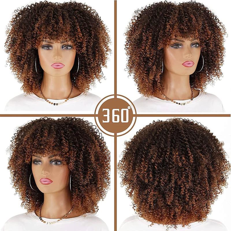 Xinran Short Curly Afro Wigs with Bangs for Black Women, Brown Afro Kinky Curly Wigs for Black Women Synthetic Heat Resistant Fluffy Brown Wigs (Ombre Brown) black friday 2024 gifts for girlfriend