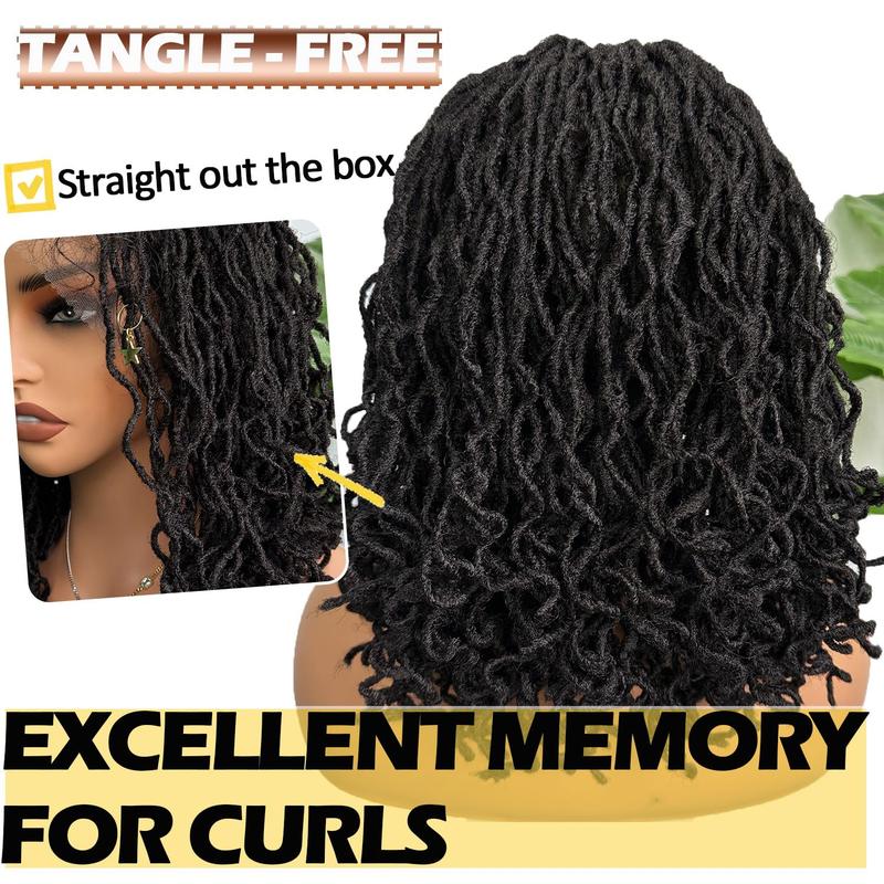 SOKU Afro Curly Faux Locs Full Swiss Lace Braided Wig 14 Inch Handmade Glueless Natural Black Double Full Braided Wig Lace Breathable and Lightweight Curly Braided Wig daily