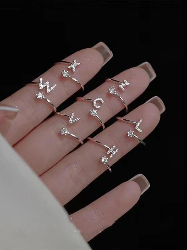 Fashion Rhinestone Decorated Alphabet Elegant Letter Design Ring for Women & Girls, Trendy All-match & Exquisite Jewelry for Gift