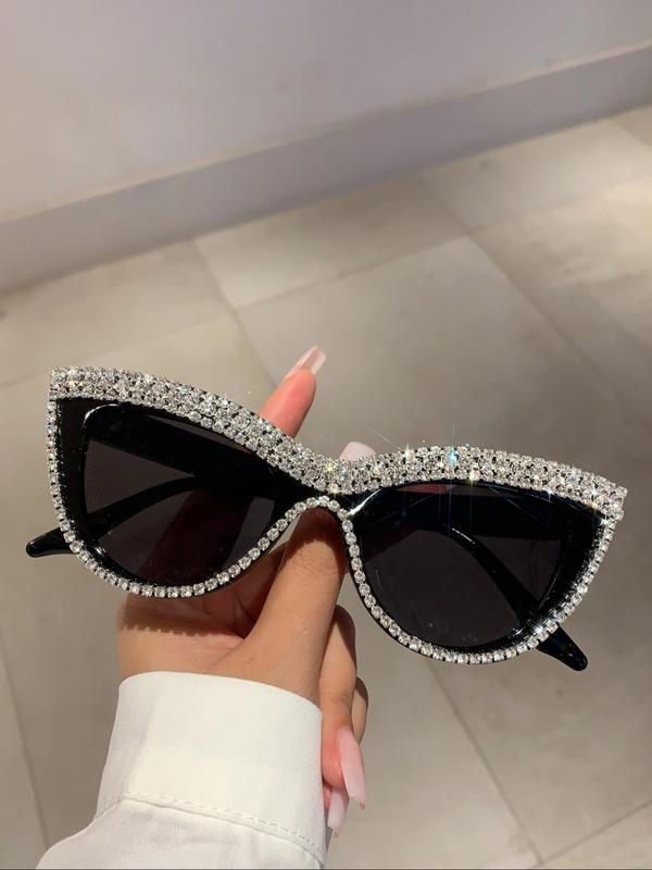 Rhinestone Decor Cat Eye Frame Sunglasses, Fashionable Novelty Sunglasses for Women, Trendy Accessories for Outdoor Activities