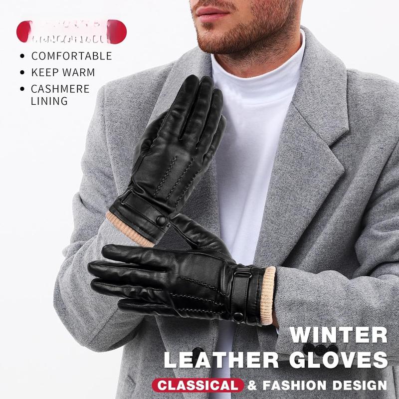 Winter Sheepskin Leather Gloves for Men, Warm Cashmere Lined Black Leather Gloves, Touchscreen  Gloves