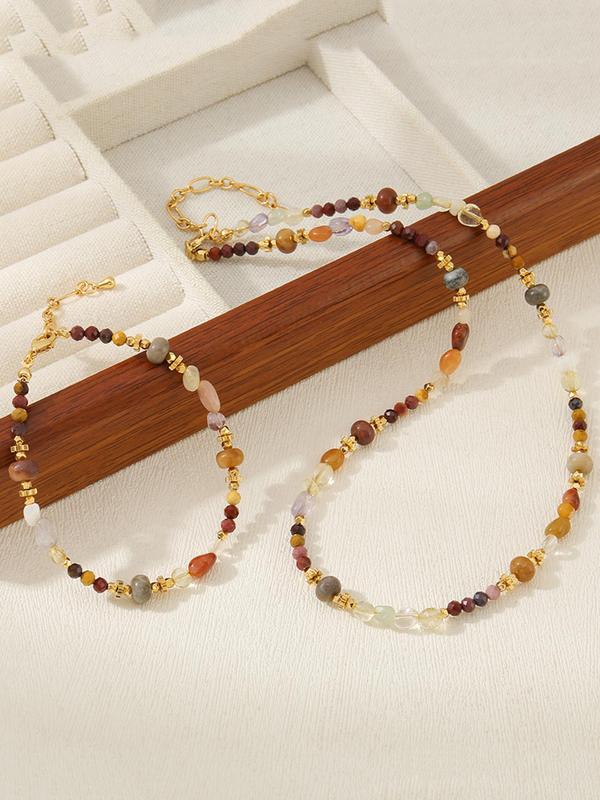 Women's Elegant Mixed Color Stone Decorated Necklace & Bracelet, Exquisite Trendy Jewelry Set, Fashionable Accessories for Daily & Party Decoration