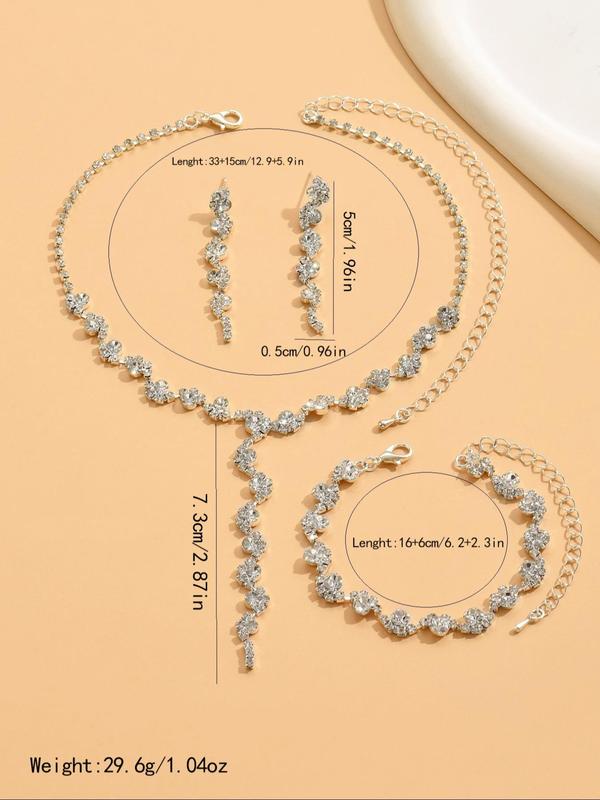 Women's Elegant Rhinestone Decorated Necklace & Bracelet & Earrings, Exquisite Trendy Jewelry Set, Fashionable Accessories for Party & Daily Clothing Decor