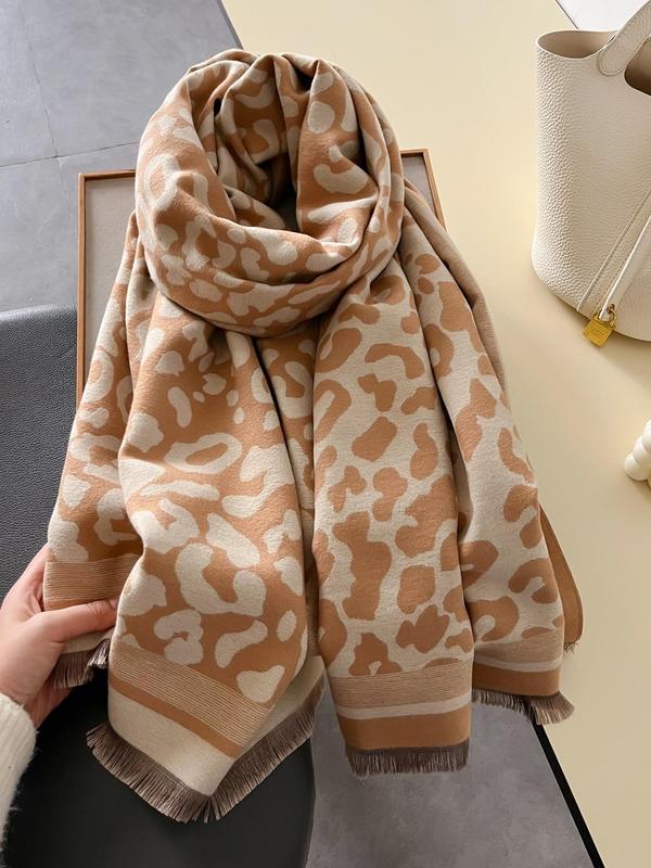 Leopard Print Tassel Decor Scarf, Elegant Soft Warm Shawl for Women & Men, Fashion Accessories for Daily Wear