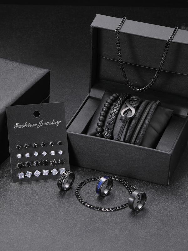 Men's Punk Style Jewelry Set, Stainless Steel Necklace & Ring & Rhinestones Decor Studs Earrings & Beaded Bracelet, Fashion Jewelry for Party, Trendy Exquisite Jewelry for Gift