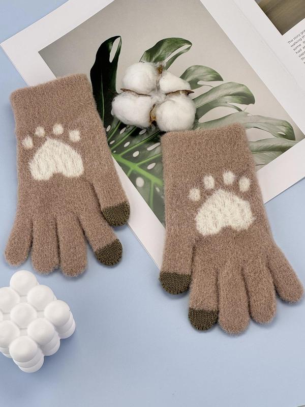 Women's Cute Cartoon Paw Pattern Touch Screen Gloves, Casual Trendy Warm Gloves for Fall & Winter, Fashion Accessories for Women & Girls