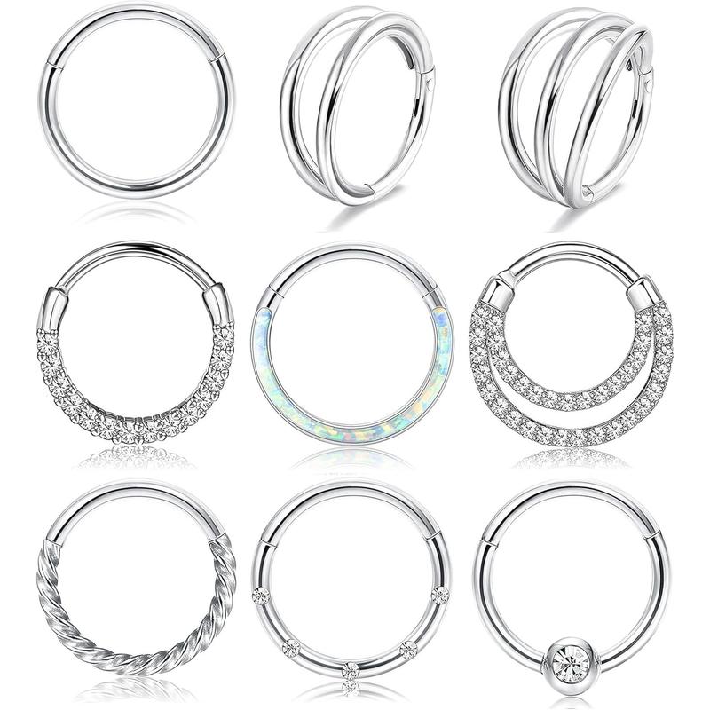 Besteel 9 Pcs Hypoallergenic Septum Rings 16G Surgical Steel CZ Opal Clicker Hinged Nose Rings Hoop for Women Men Lip Conch Tragus Helix Daith Cartilage Earrings 8mm 10mm